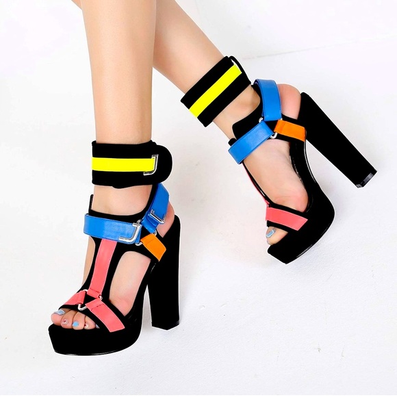 ⭐️NEON PLATFORM SANDALS ⭐️MULTI COLOR NEON W/ BUCKLE VELCRO STRAPS SIZE: 7 1/2 - Picture 4 of 6
